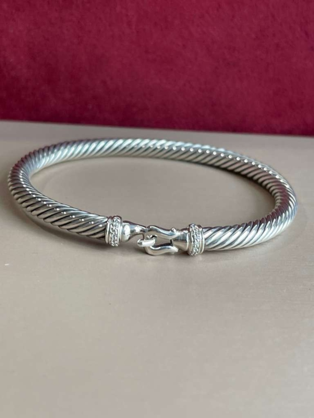 David Yurman 925 Sterling Silver 5mm diamond buckle Cable Bangle Bracelet small - Picture 5 of 10